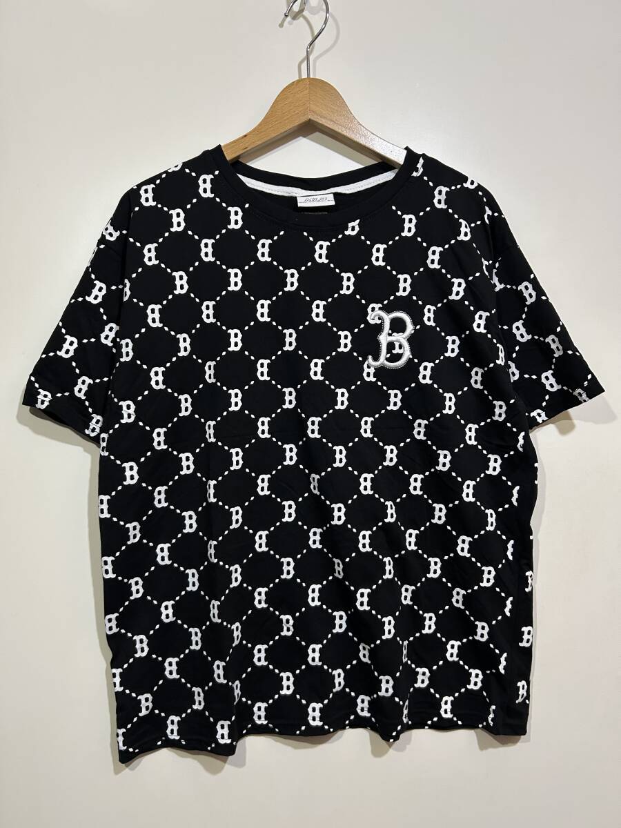 ★ MLB ビッグ刺繍入り モノグラム 総柄 半袖 Tシャツ 黒 ブラック メジャーリーグ ベースボールT ビッグシルエット拍卖