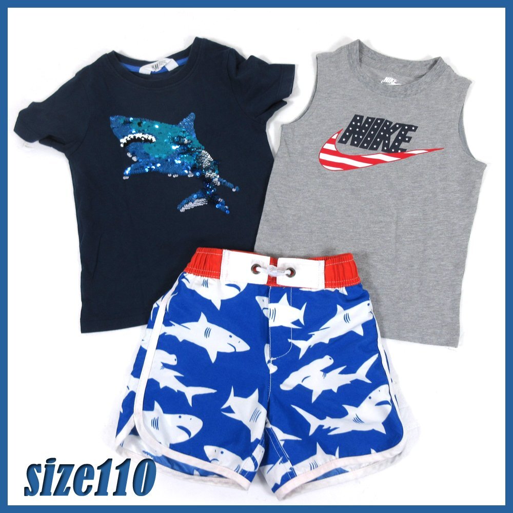 ▲□Nikeキッズタンクトップ●H&M半袖スパンコールTシャツ●Mini Bodenスイムパンツ●サイズ98-110●男の子★計3点★拍卖