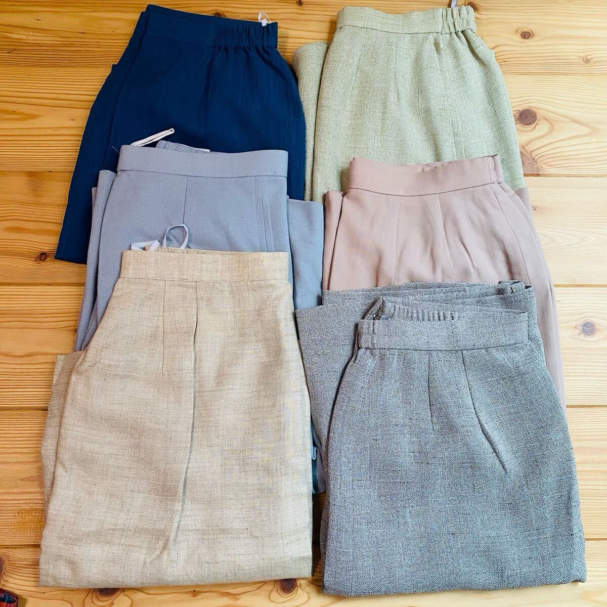 昭和レトロ 古着スカート6点セット★夏物ボトムス 無地SMLフリーサイズ 日本製ヴィンテージ 薄物膝丈スカート拍卖