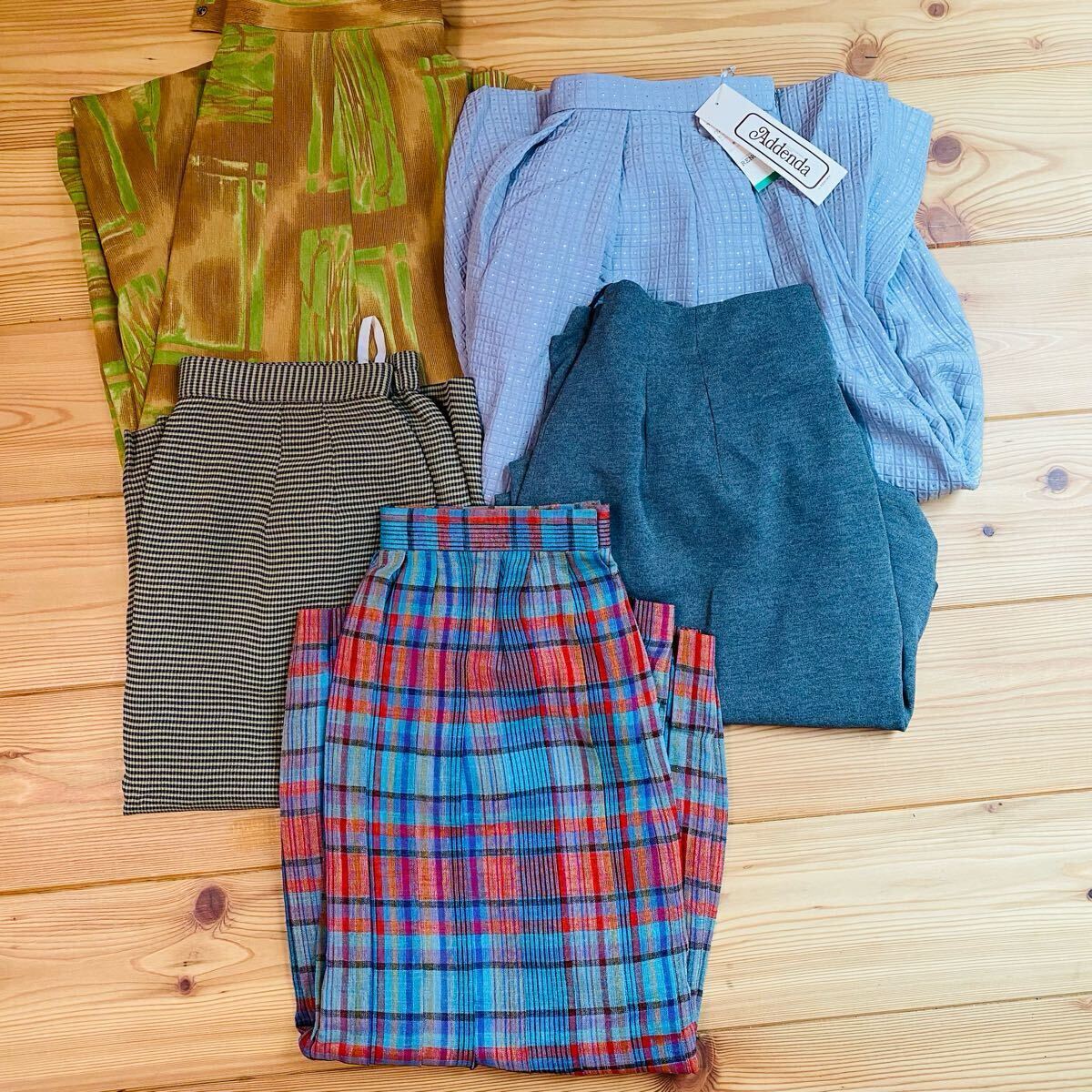 昭和レトロ 古着スカート5点セット★夏物ボトムス 柄物SMLフリーサイズ 日本製ヴィンテージ 薄物膝丈スカート チェック格子ラメ レナウン拍卖