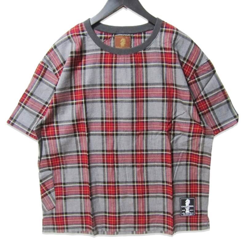 未使用 California Line カリフォルニアライン 半袖Tシャツ クルーネック チェック コットン 日本製 グレー 赤 36 27109708拍卖