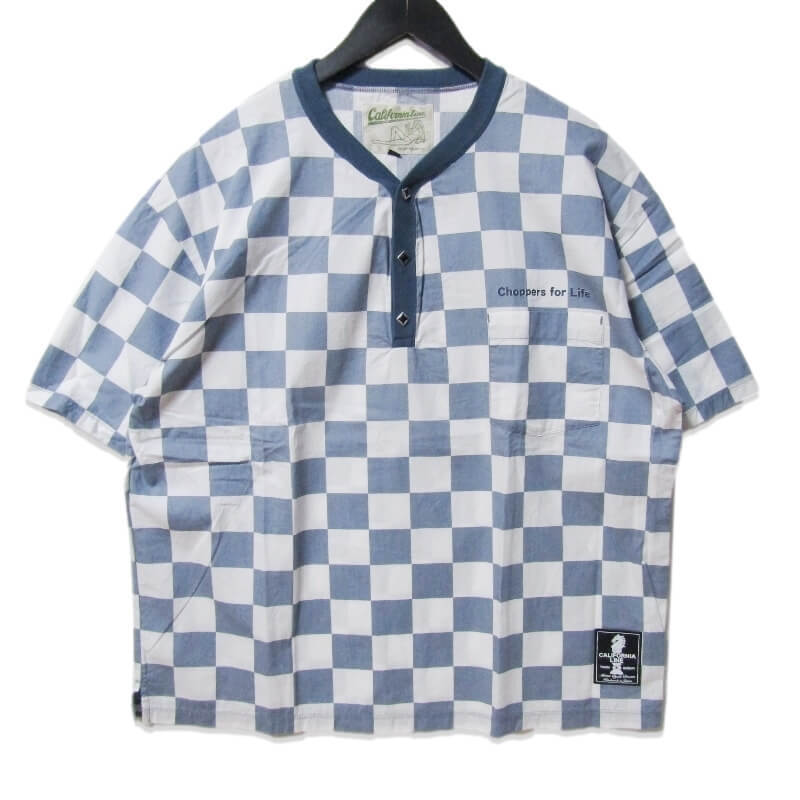 未使用 California Line カリフォルニアライン 半袖Tシャツ ヘンリーネック チェッカー プリント コットン 日本製 ブルー 38 27109739拍卖