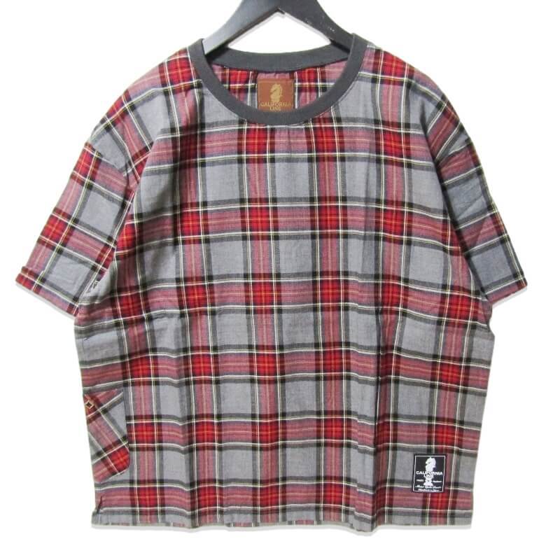 美品 California Line カリフォルニアライン 半袖Tシャツ クルーネック チェック コットン 日本製 グレー 赤 38 27109711拍卖