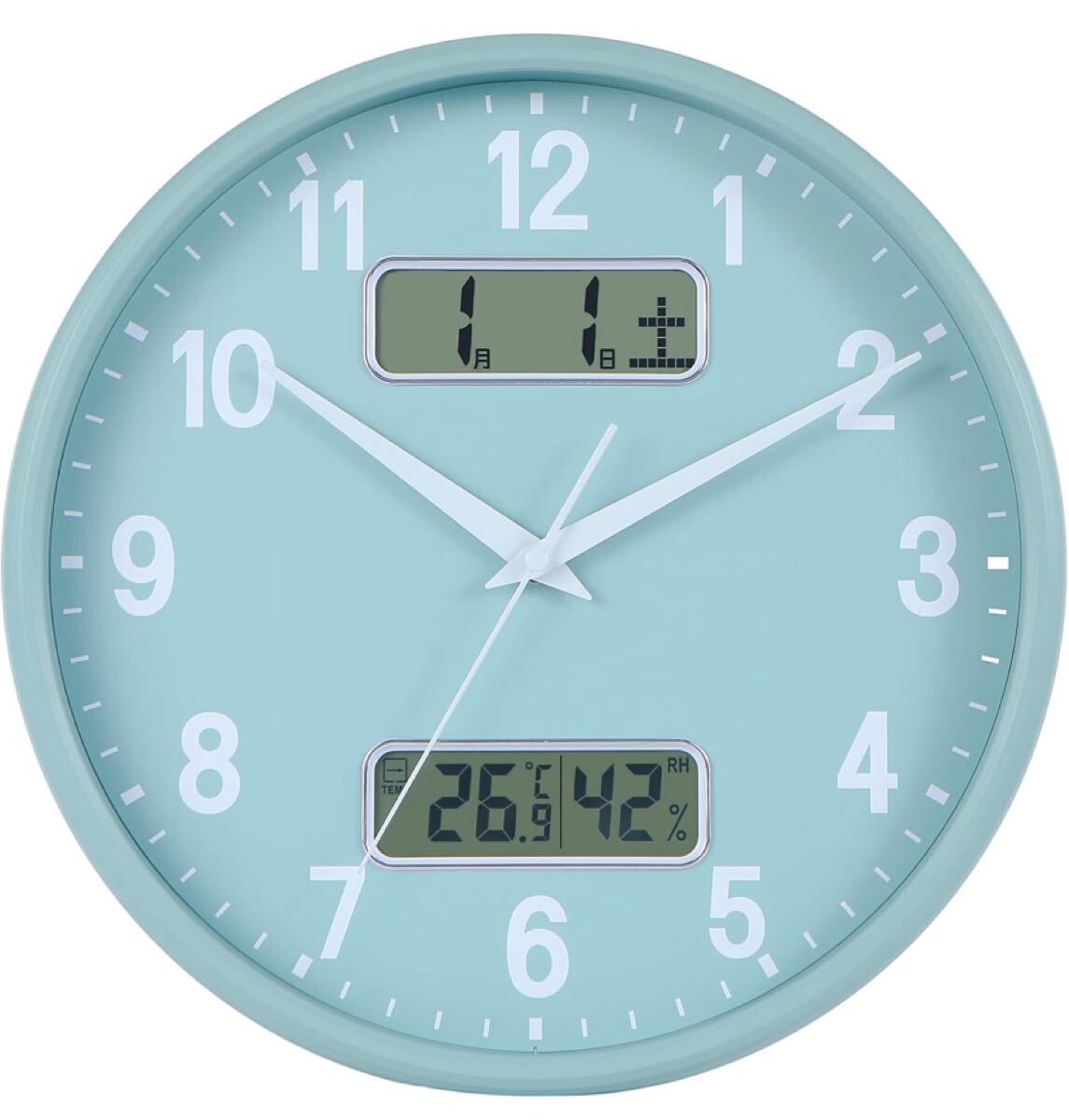 掛け時計 電波時計 アナログ カレンダー 温度 湿度 表示 直径32cm 静音 連続秒針 薄い緑ですLCD-7249 アナログ拍卖