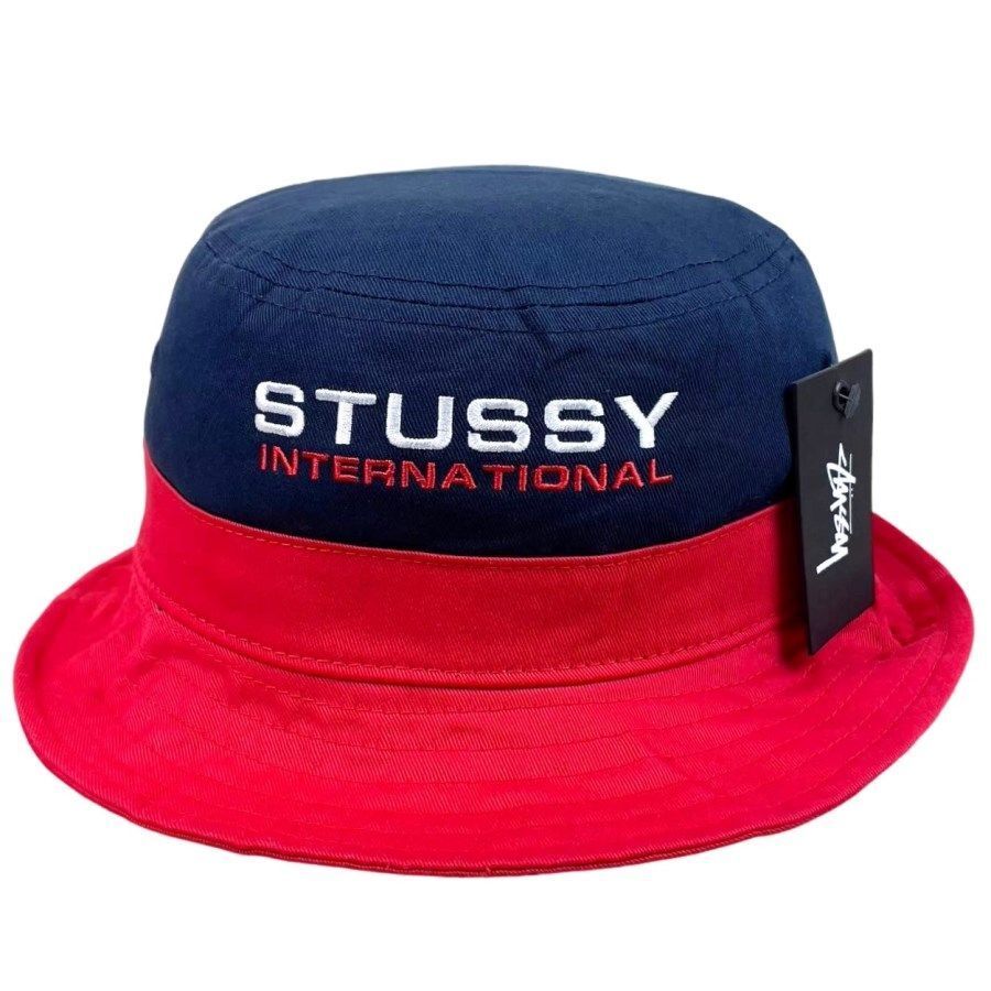 新品タグ付き!ステューシーStussyバケットハット帽子バケハ International Bucket Hatインターナショナル刺繍ネイビー紺レッド赤50215拍卖
