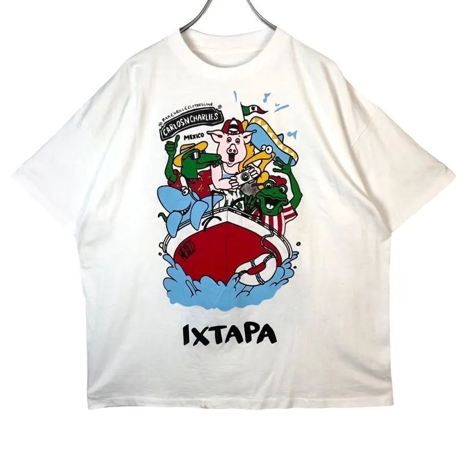 メキシコ製Carlos'n Charlie's半袖Tシャツ企業レストラン両面プリント動物アニマル豚イルカワニカエル船イラストMexico ixtapa白50304拍卖