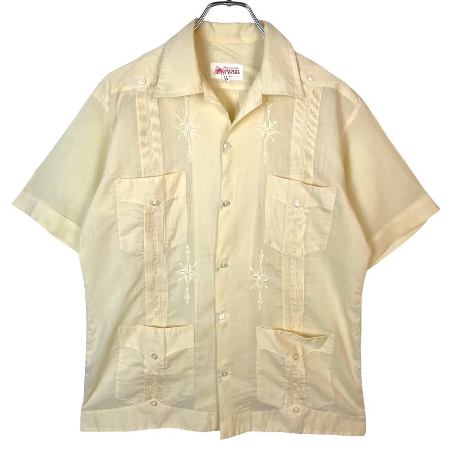 メキシコ製Confecciones Izamalキューバシャツ半袖シャツグアジャベーラ刺繍プリーツベージュ4つフロントポケットGUAYABERA SHIRTS50304拍卖