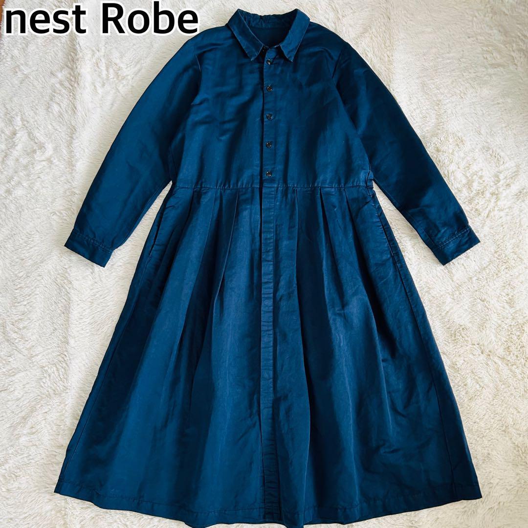 nest Robe ネストローブ リネン混 麻 長袖シャツワンピース Aライン マキシ丈 比翼 フロントボタン ネイビー 紺 フリーサイズ F拍卖