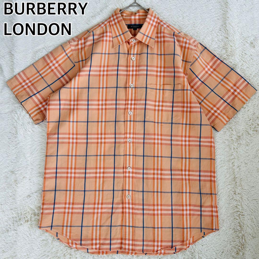 BURBERRY LONDON バーバリーロンドン 半袖シャツ カジュアルシャツ リネン混 麻 ノバチェック オレンジ Lサイズ拍卖