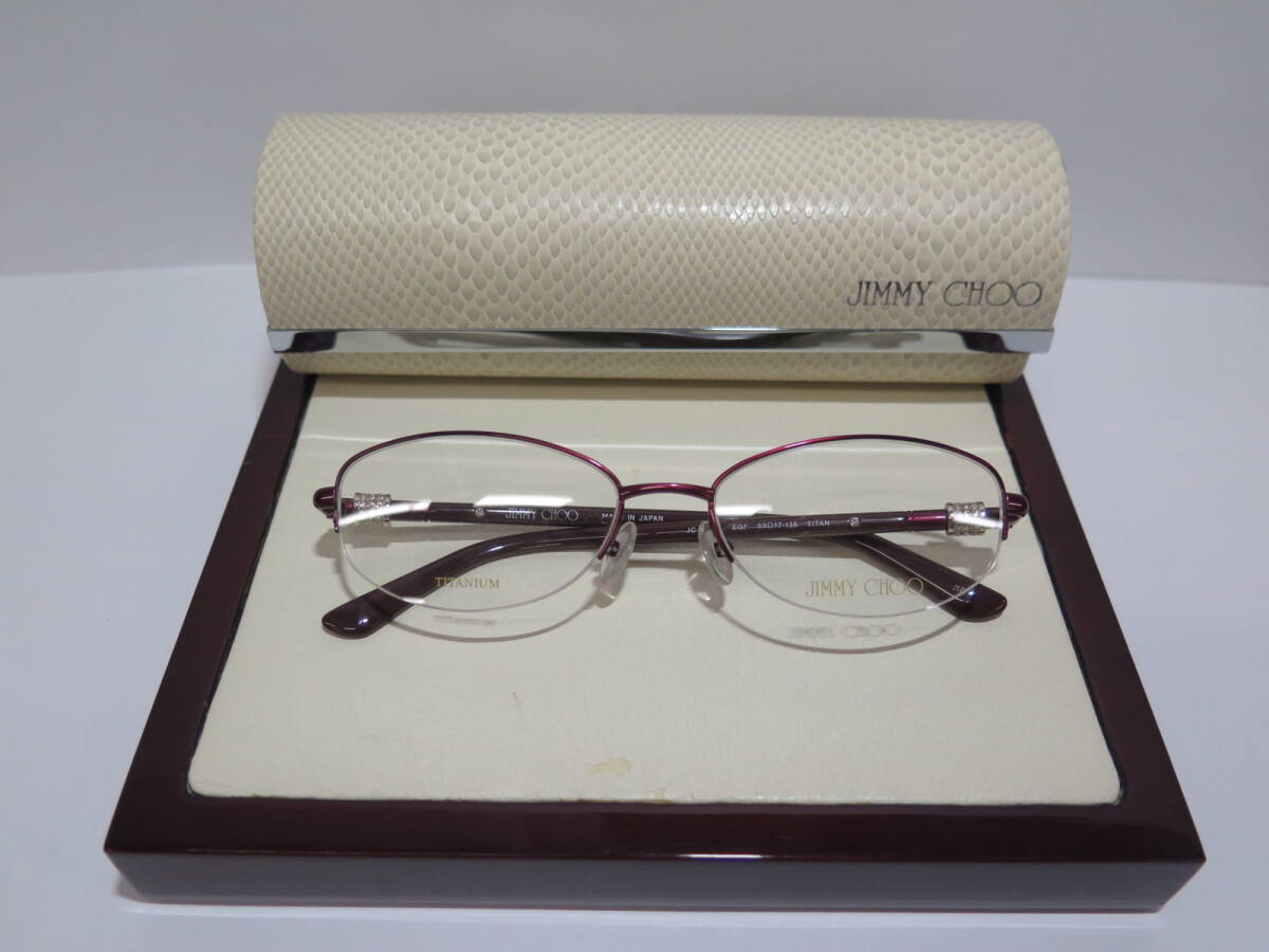 1-21 未使用展示品 JIMMY CHOO ジミーチュウ チタン ハーフリム メガネフレーム 眼鏡フレーム ボルドー系 ラインストーン JC4502/J拍卖