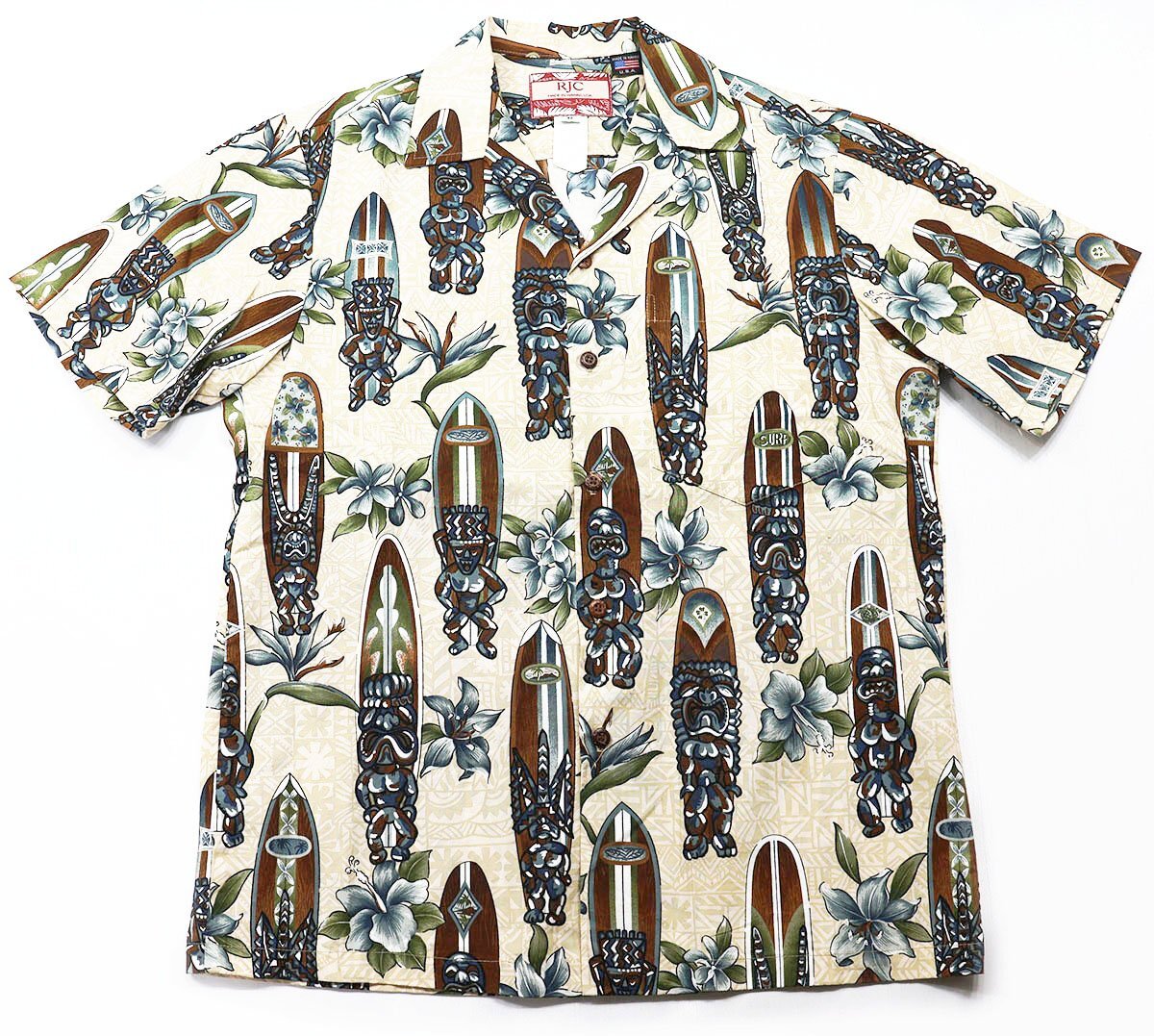 RJC (ロバート・J ・クランシー) Lot 102C - COTTON ALOHA SHIRT / コットンアロハシャツ ティキ サーフボード 美品 カーキ size S拍卖