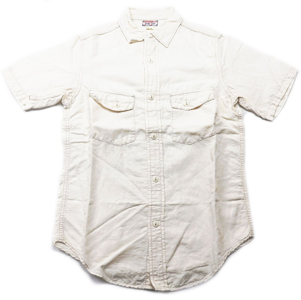 Freewheelers (フリーホイーラーズ) コットンリネン 半袖ワークシャツ “Trudell” #1423015 美品 OFF WHITE size 14 / トラディル拍卖