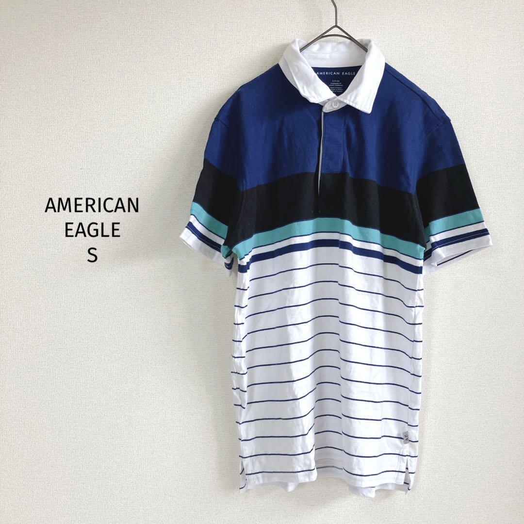 AMERICAN EAGLE ポロシャツ【S】ボーダー半袖 青 黒 白 メンズ拍卖
