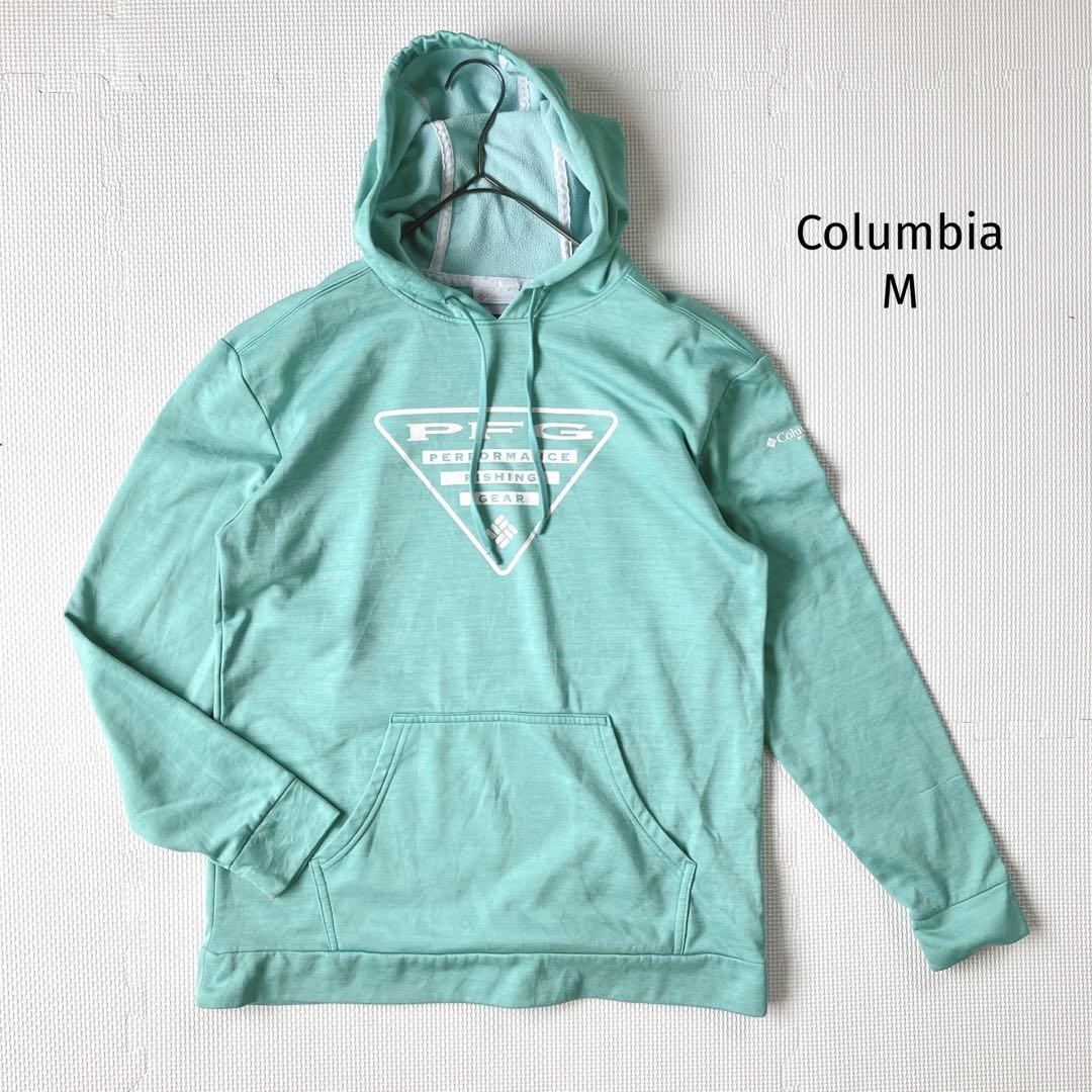 コロンビア パーカー【M】薄手 ミントグリーン プリントロゴ 裏起毛拍卖