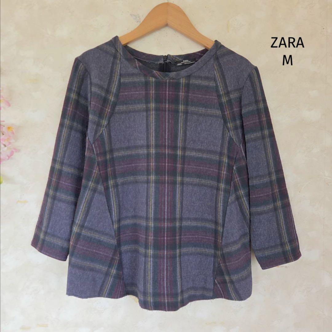 ザラ ZARA カットソー【M】七分袖 チェック柄 カジュアル 良品拍卖