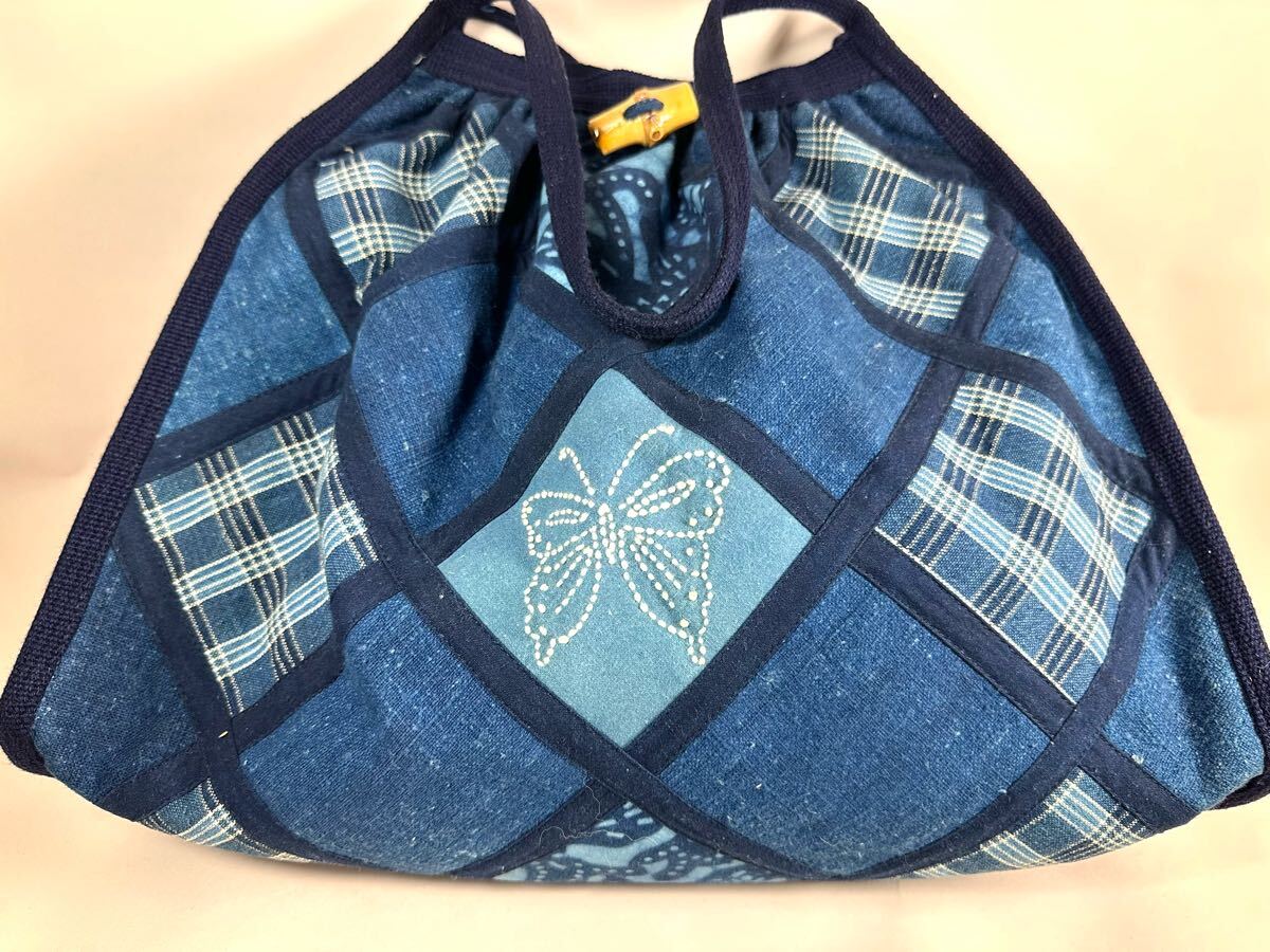 ハンドメイド.藍染パッチワーク.バッグ拍卖
