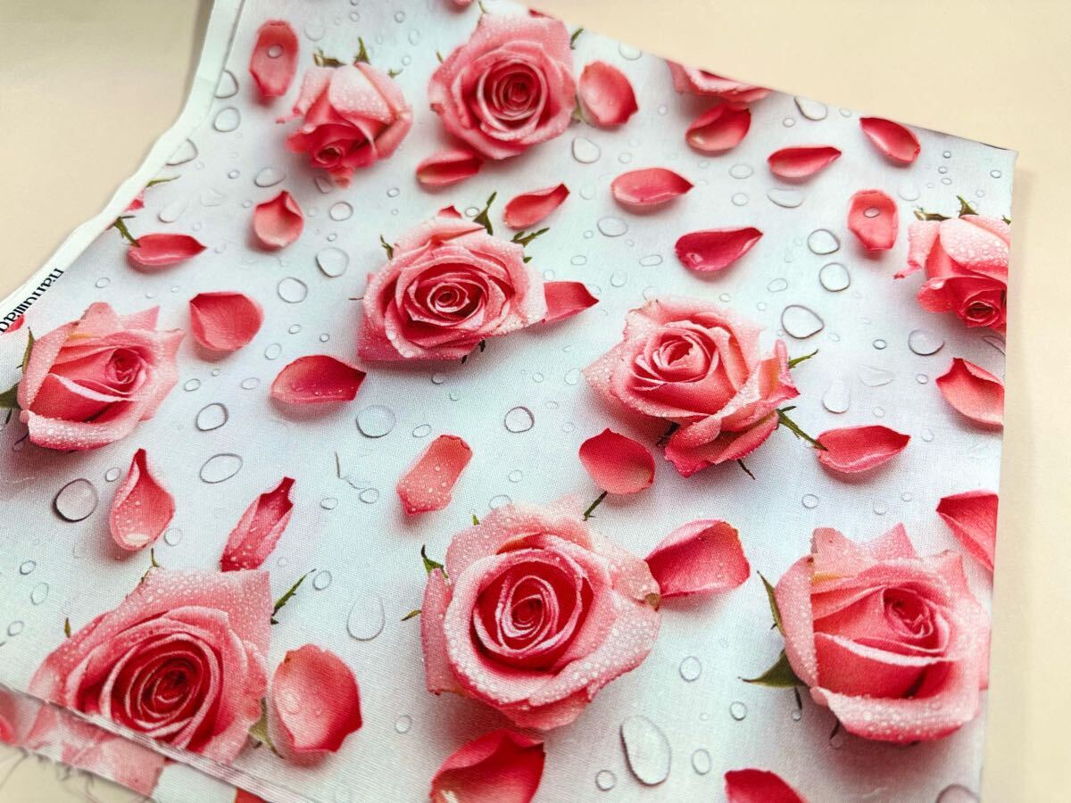 USAシーチング.綿100%生地.幅110cm×50cm.白地、ピンク薔薇.拍卖