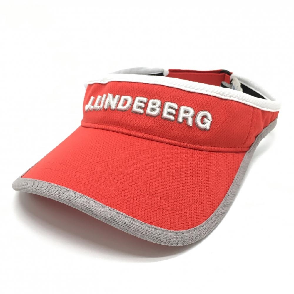 【美品】ジェイリンドバーグ サンバイザー レッド×白×グレー 立体ロゴ刺しゅう 57-59cm ゴルフウェア J.LINDEBERG拍卖