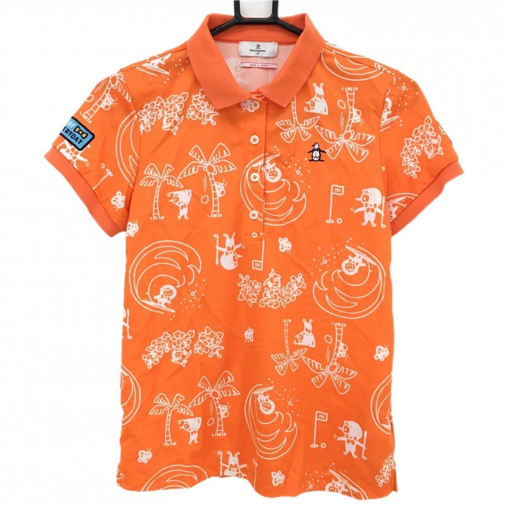 【超美品】マンシングウェア 半袖ポロシャツ オレンジ×白 ヤシの木柄 リトルピート レディース M ゴルフウェア Munsingwear拍卖