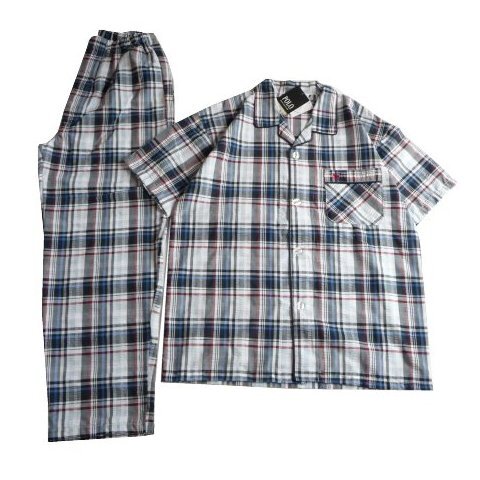 新品 メンズ パジャマ M 半袖 10分丈ズボン POLO ポロ 開襟 チェック 紺 紳士 寝巻 ルームウェア ナイトウェア 前開き拍卖
