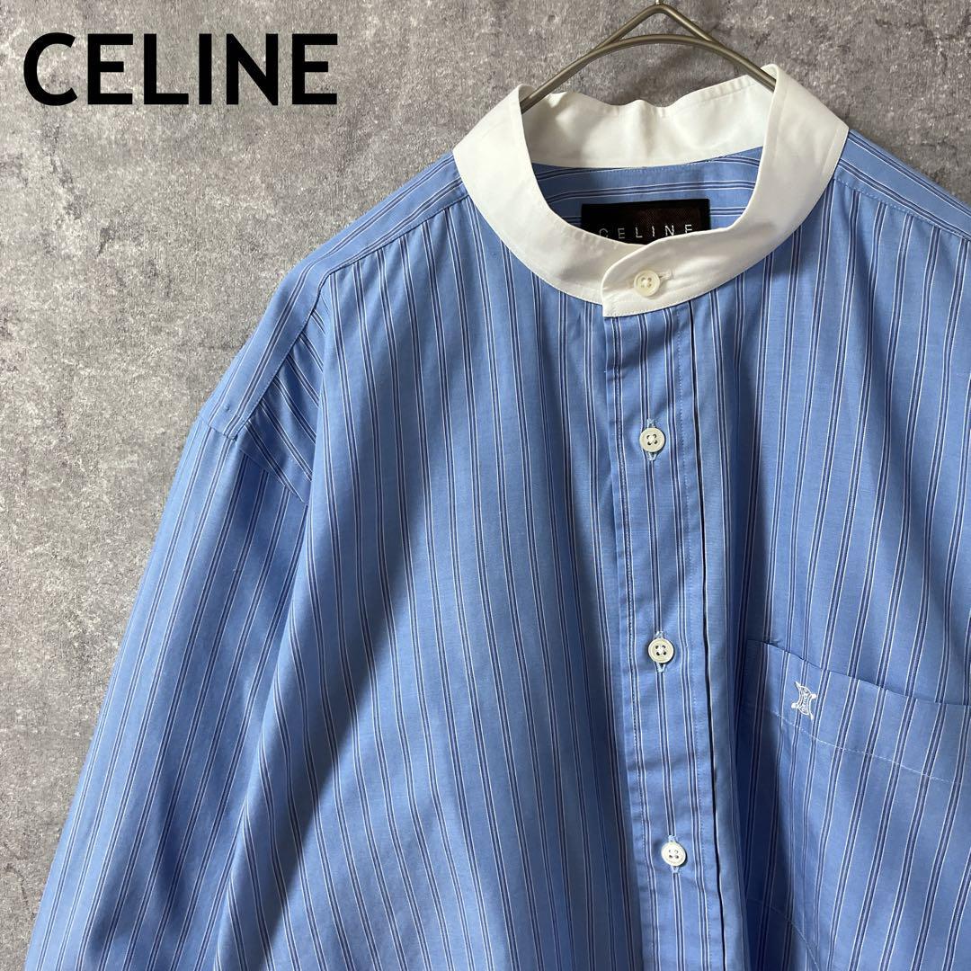 CELINE ストライプシャツ バンドカラー 長袖 切替襟 Mメンズ程度拍卖