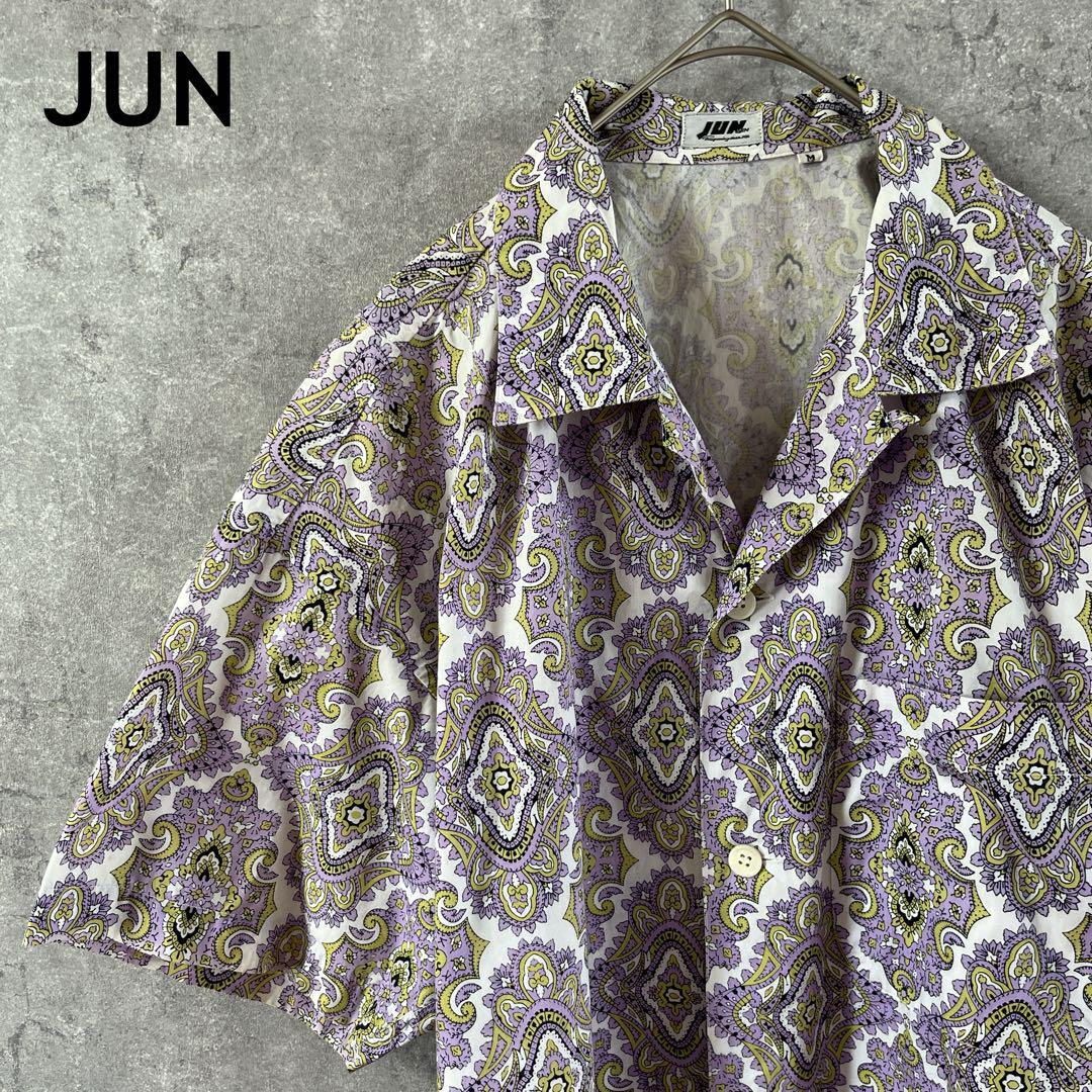JUN 90sペイズリー柄シャツ半袖オープンカラー開襟ダイヤ模様Mメンズ T1拍卖