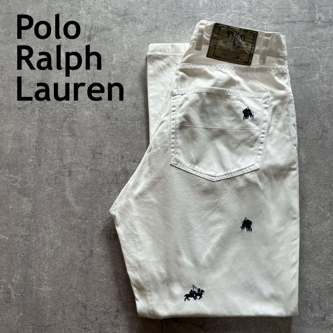 Ralph Lauren 90sホワイトパンツ パンツ柄刺繍ロゴ L/XLメンズ拍卖