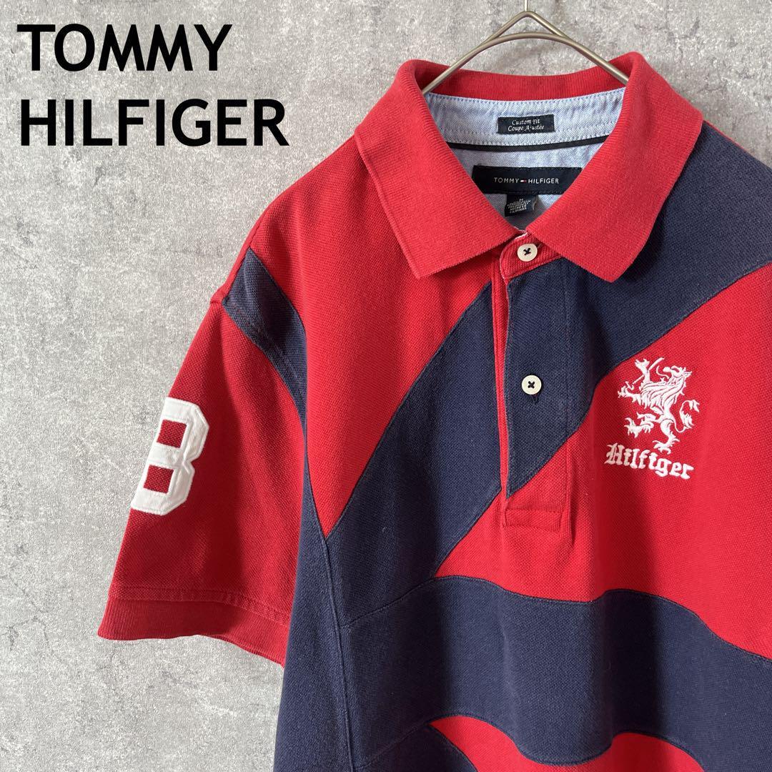 TOMMY HILFIGER ポロシャツ 半袖カラフル刺繍ロゴ赤デカめMメンズ拍卖