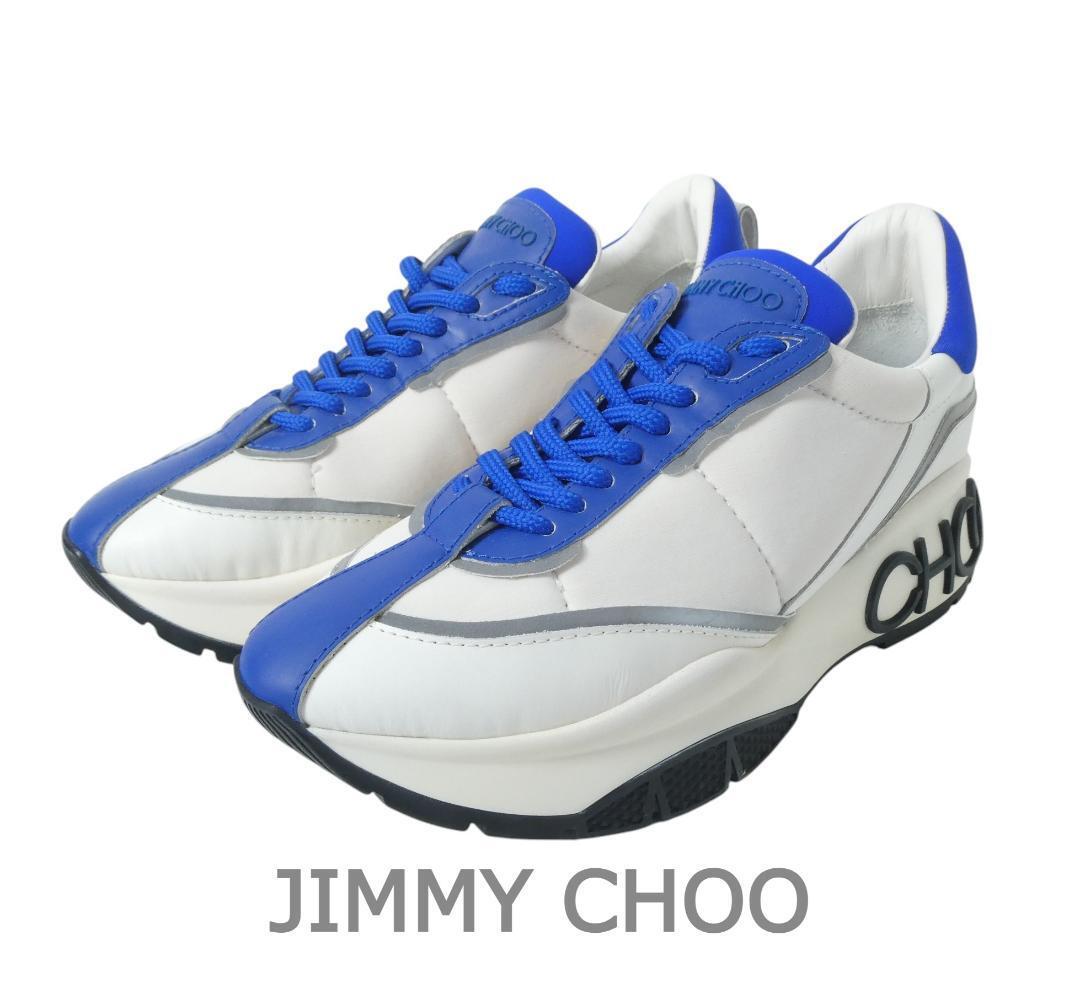 新品同様 JIMMY CHOO ジミーチュウ 36.5 約23.5cm RAINE レザー×ナイロン ロゴ レースアップ ローカット スニーカー 白 ホワイト拍卖