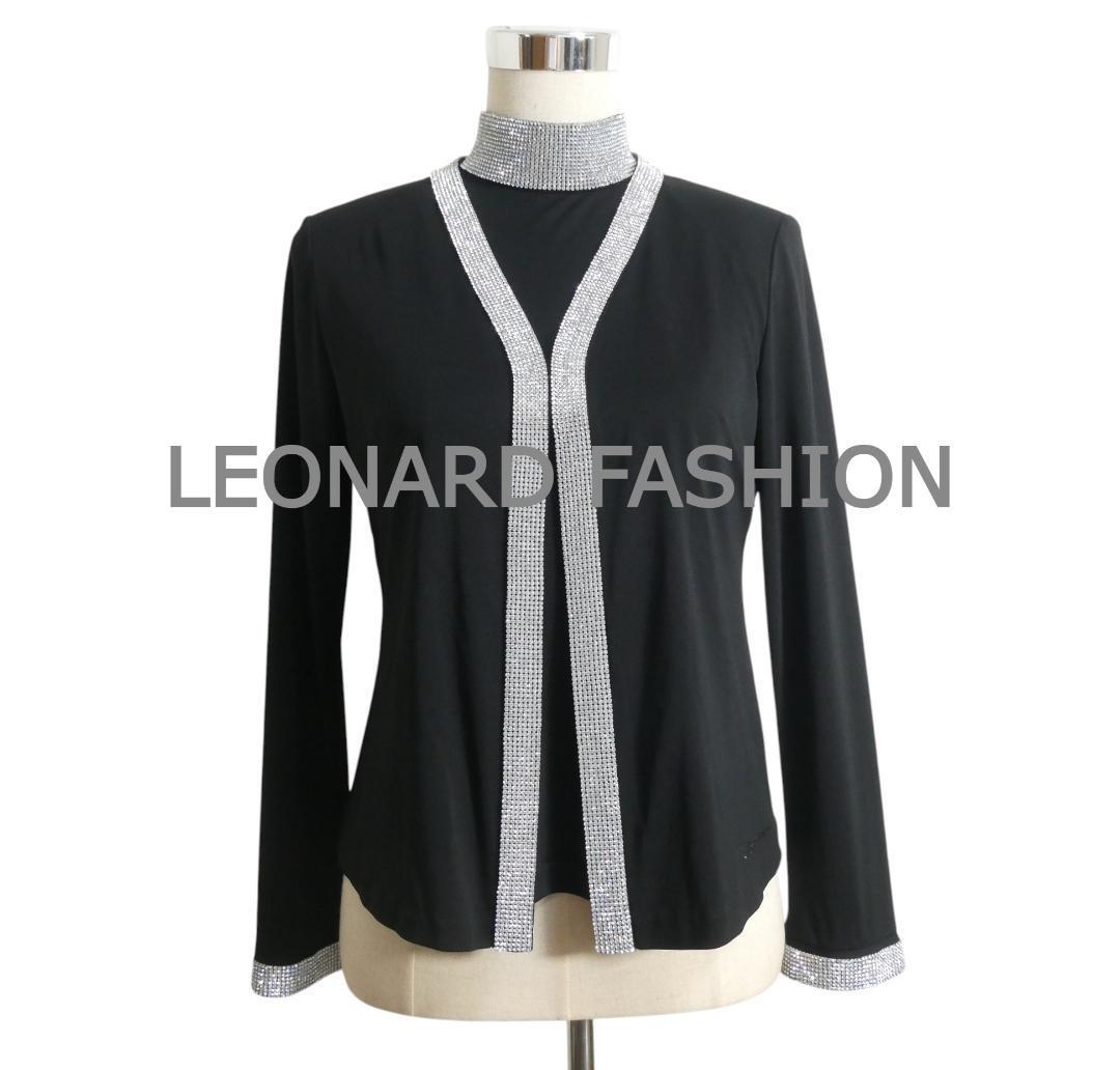 LEONARD FASHION レオナールファッション サイズM L ラインストーン ハイネック ノースリーブ カットソー×カーディガン アンサンブル 黒拍卖