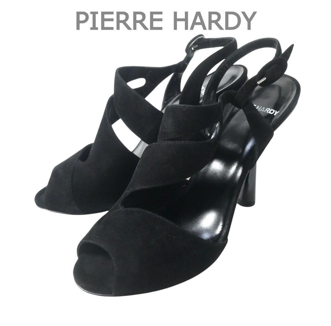 新品同様 PIERRE HARDY ピエールアルディ 37 約24㎝ スエード オープントゥ スリングバック ハイヒール サンダル 黒 ブラック拍卖