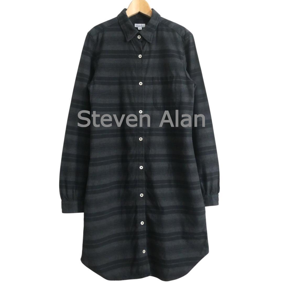 美品 Steven Alan スティーブンアラン サイズS コットン ボーダー柄 長袖 膝丈 ボタンダウン シャツワンピース グレー×ブラック拍卖
