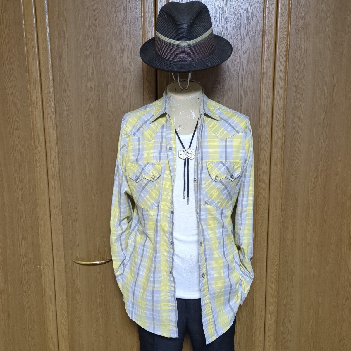 Lee リー ウエスターナー 黄色 イエロー グレー チェック 絣 ウエスタンシャツ 長袖 M ( 50s 60s ヴィンテージ 復刻 レプリカ ロカビリー拍卖