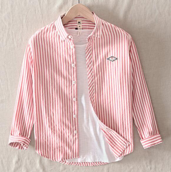 長袖シャツ メンズ ストライプ柄 メンズシャツ ビジネス カジュアルシャツ 開襟シャツ 春夏秋 通勤 紳士服 トップス 心地良し ピンク M~3XL拍卖