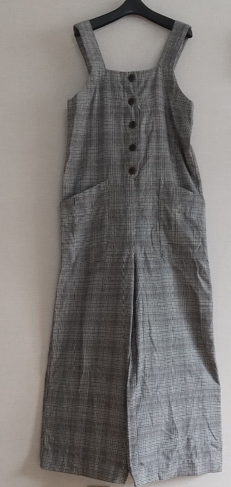 【未使用・タグ付】しまむら レディース ワイド サロペット パンツ ノースリーブ シャツ 白黒チェック柄 サイズM拍卖