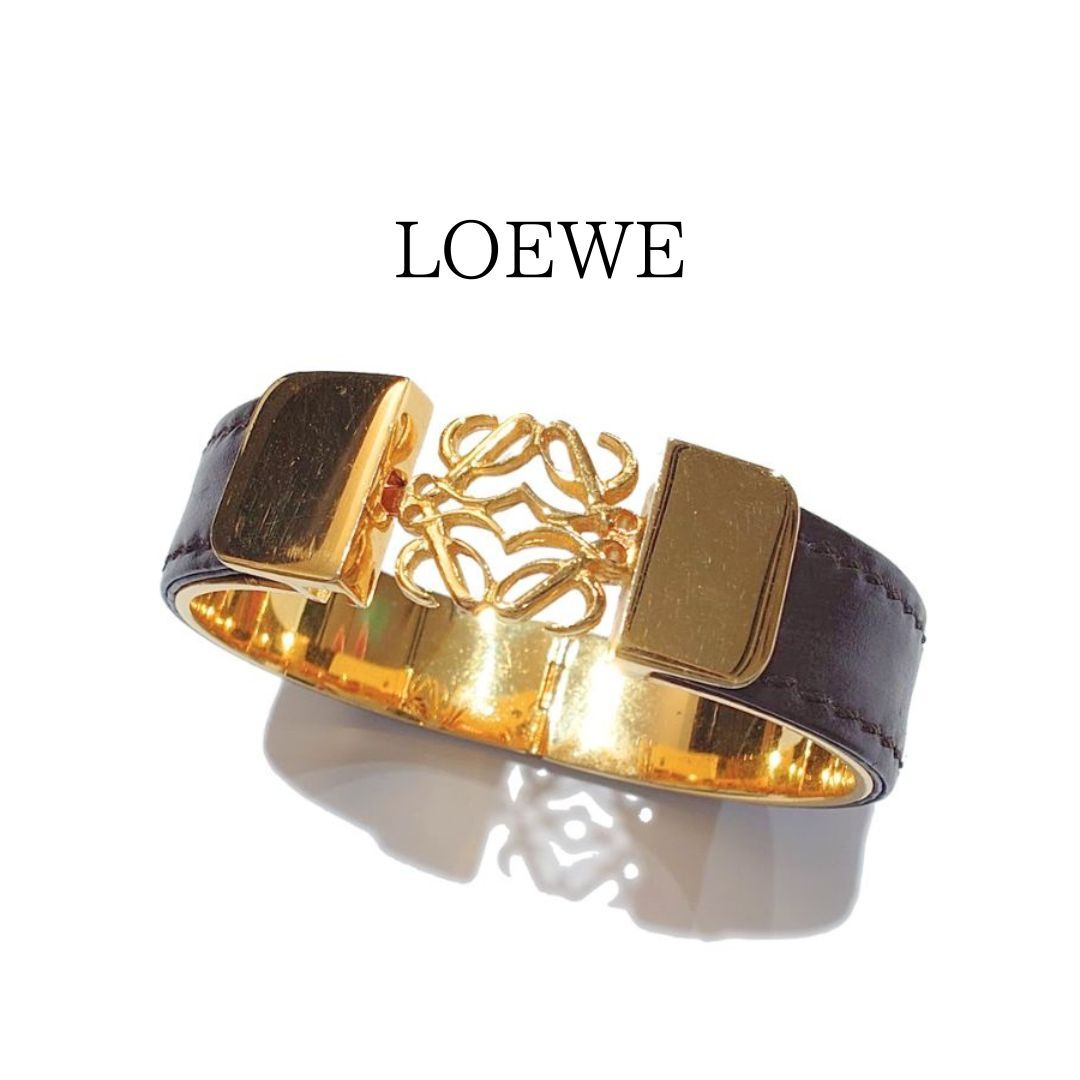 【鑑定済】LOEWE ロエベ アナグラム バングル ブレスレット ゴールド ダークブラウン レザー【送料無料】拍卖