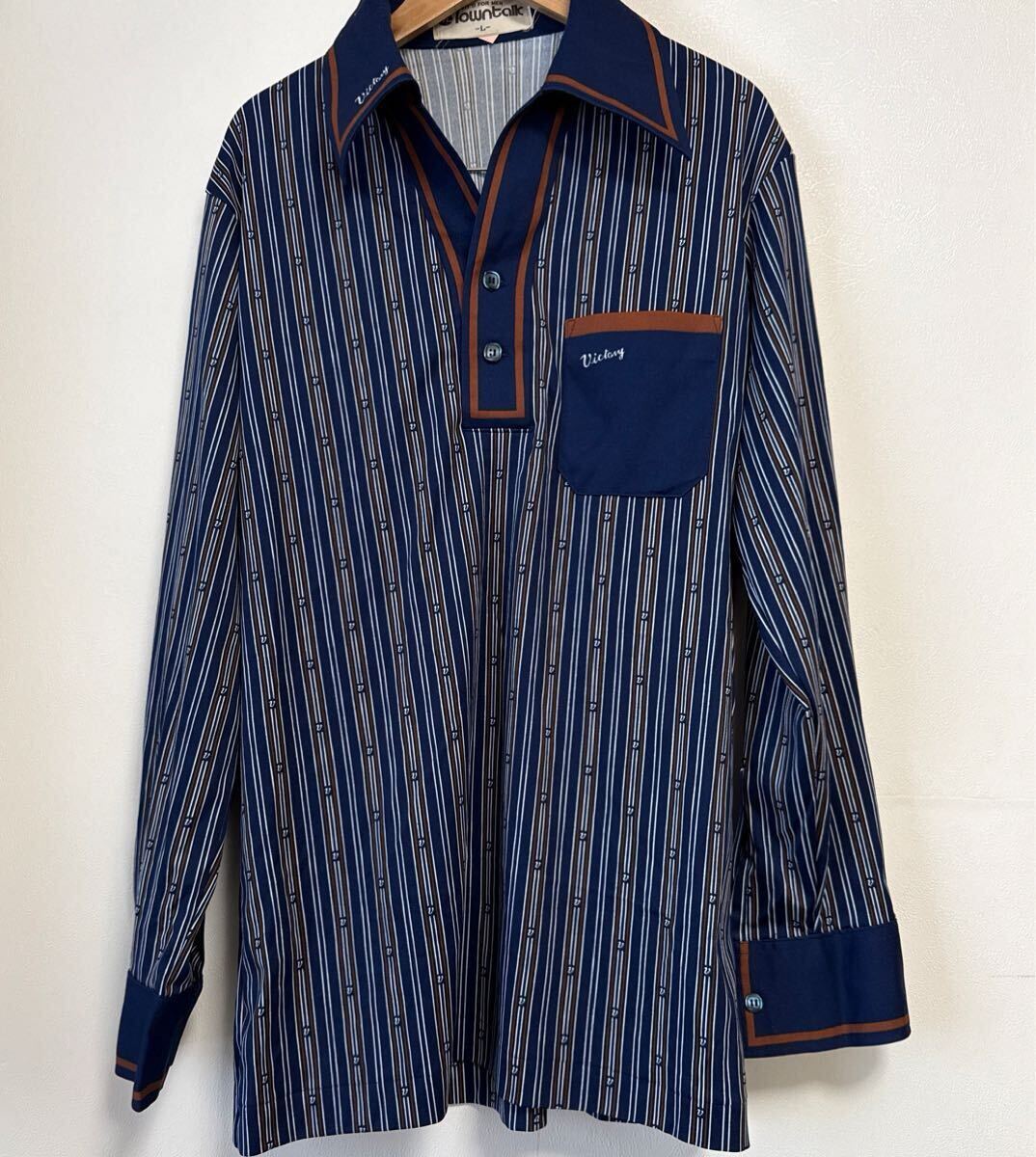 Towntalk イタリアンカラー 長袖ポロシャツ ストライプ 古着 L拍卖