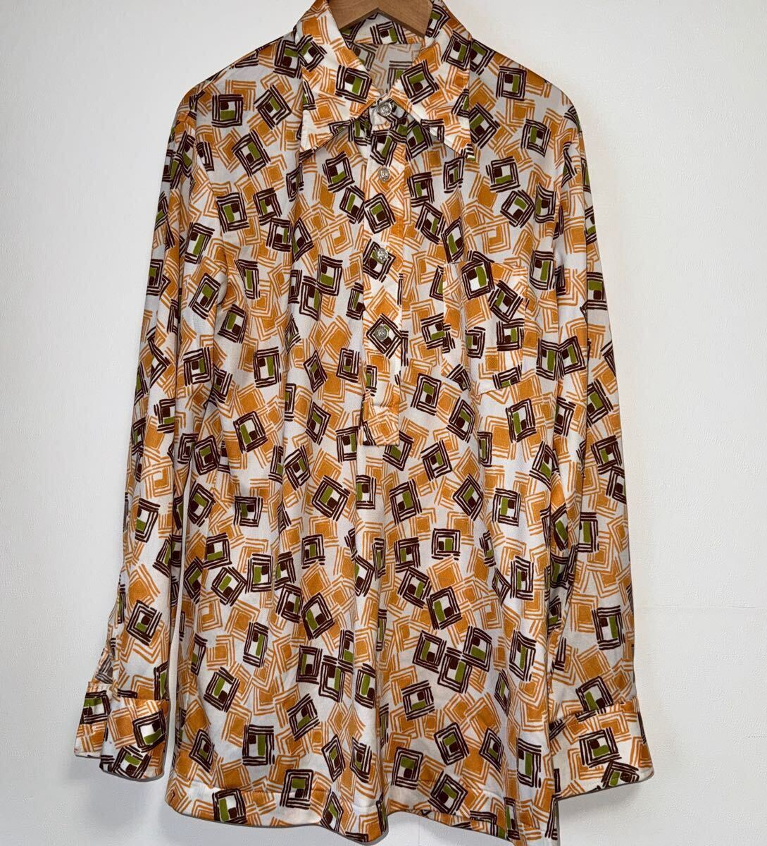 イタリアンカラー 長袖シャツ トップス 古着 幾何学模様拍卖