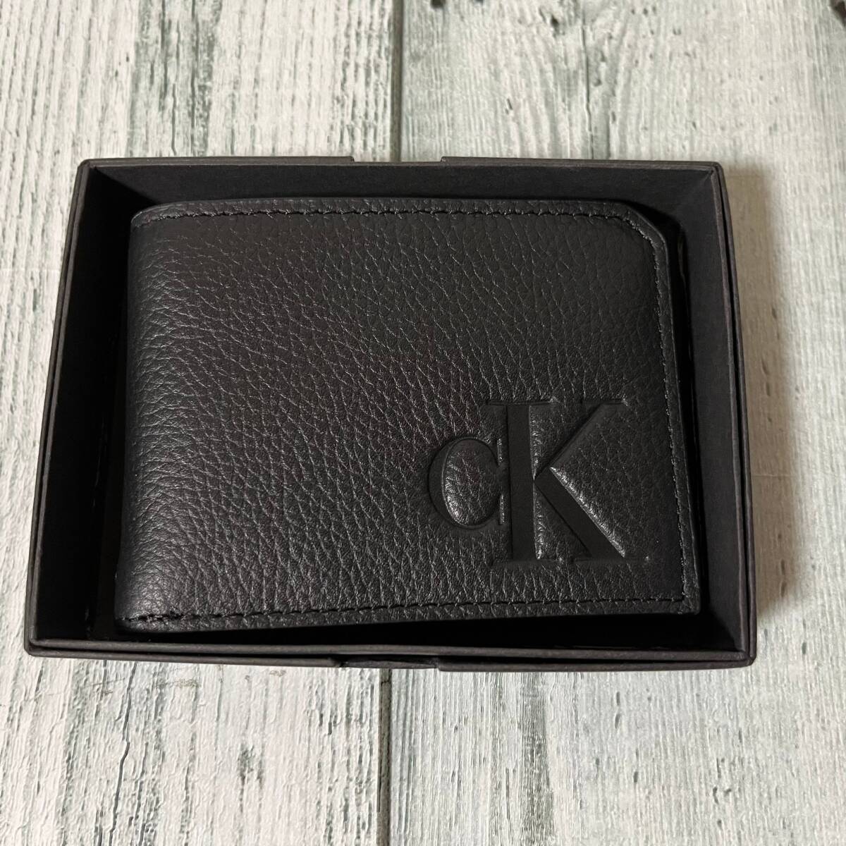 Calvin Klein カルバンクライン 二つ折り財布 ミニ財布 黒 スリム レザー ビックロゴ拍卖