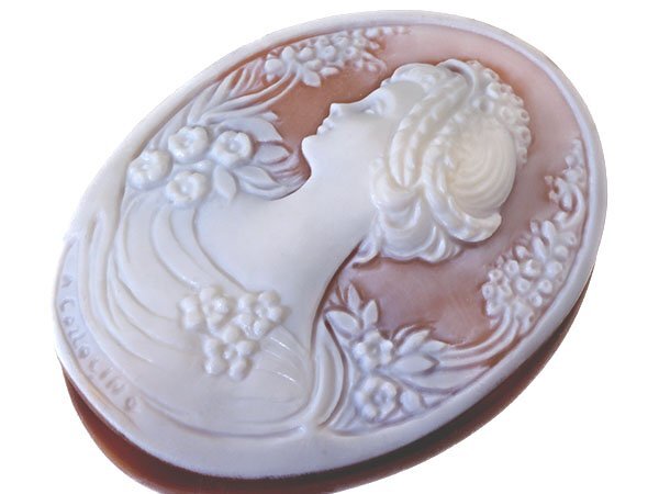 【ジュエリー極】A・COLLOLINO作 上品な女性と花の彫刻 高級シェルカメオルース 60.1mm×45.3mm w5246i【送料無料】拍卖