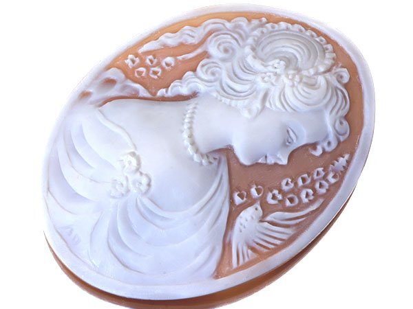 【ジュエリー極】作家品サイン有り 上品な女性と小鳥の彫刻 高級シェルカメオルース 59.2mm×44.8mm w5263-m【送料無料】拍卖
