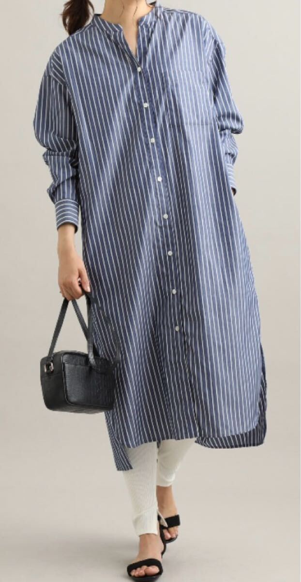 再↓秋★Visビス×鎌倉シャツMaker's Shirt★人気ドロップショルダーストライプ柄シャツワンピース M ネイビー×ホワイト拍卖