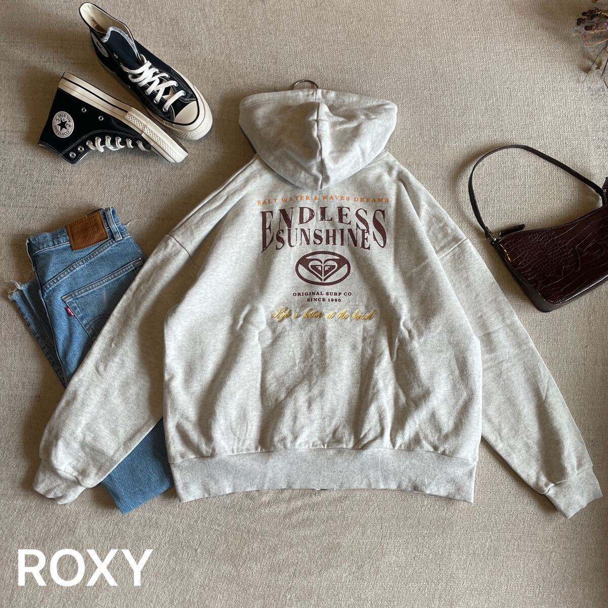 ROXY ジップパーカー 長袖 トレーナー レストランフリーサイズ 美品 ロゴ ロキシー スウェット ヘザーグレー トップス フード 刺繍拍卖