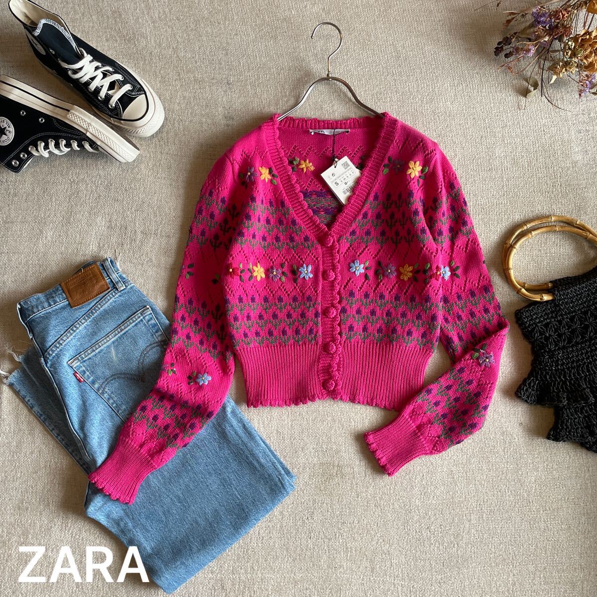 ZARA ニットカーディガン ピンク レディースSサイズ 未使用 ザラ 長袖 トップス カットソー 花柄 フラワー 刺繍 カーデ拍卖