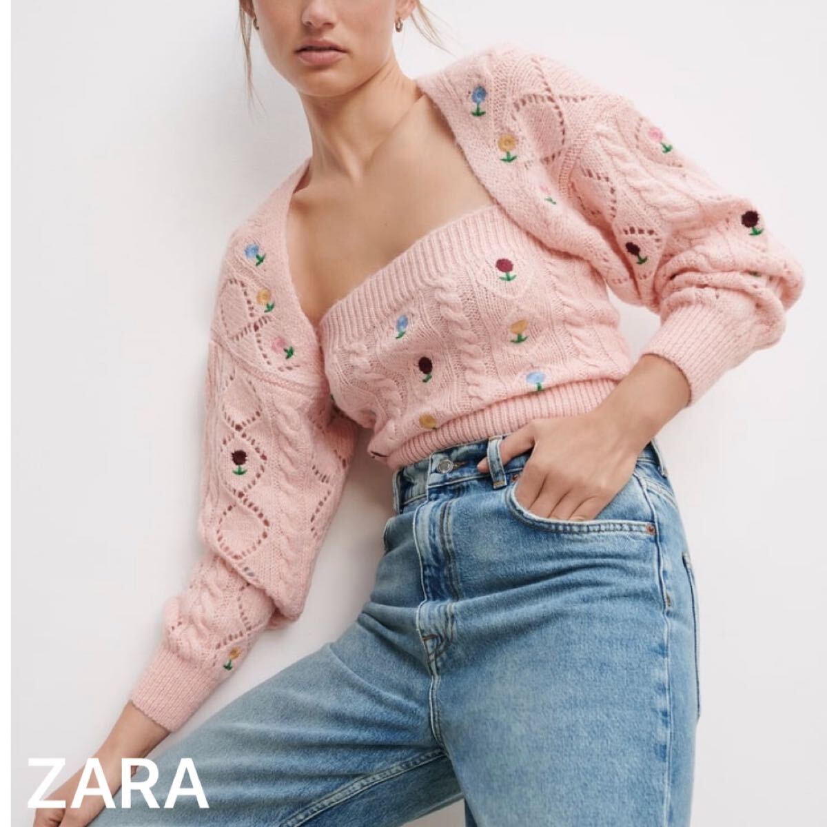 ZARA ニットカーディガン オープンニットアームウォーマー ザラ レディースSサイズ 未使用 花柄 刺繍 フラワー ピンク 長袖拍卖
