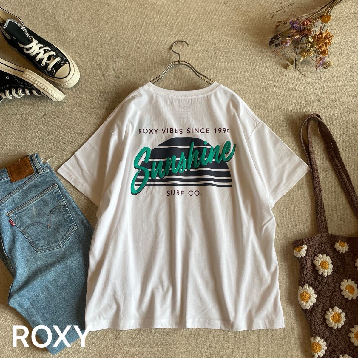 ROXY Tシャツ 半袖 白 バックロゴ ロキシー トップス 未使用 ビッグシルエット トップス ホワイト  レディースフリーサイズ拍卖