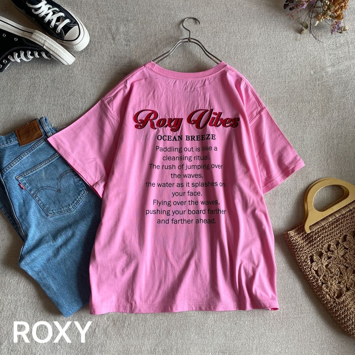 ROXY Tシャツ バックプリント ロゴ 刺繍 ビッグシルエット ロキシー 半袖 トップス カットソー 未使用 フリーサイズ ピンク拍卖