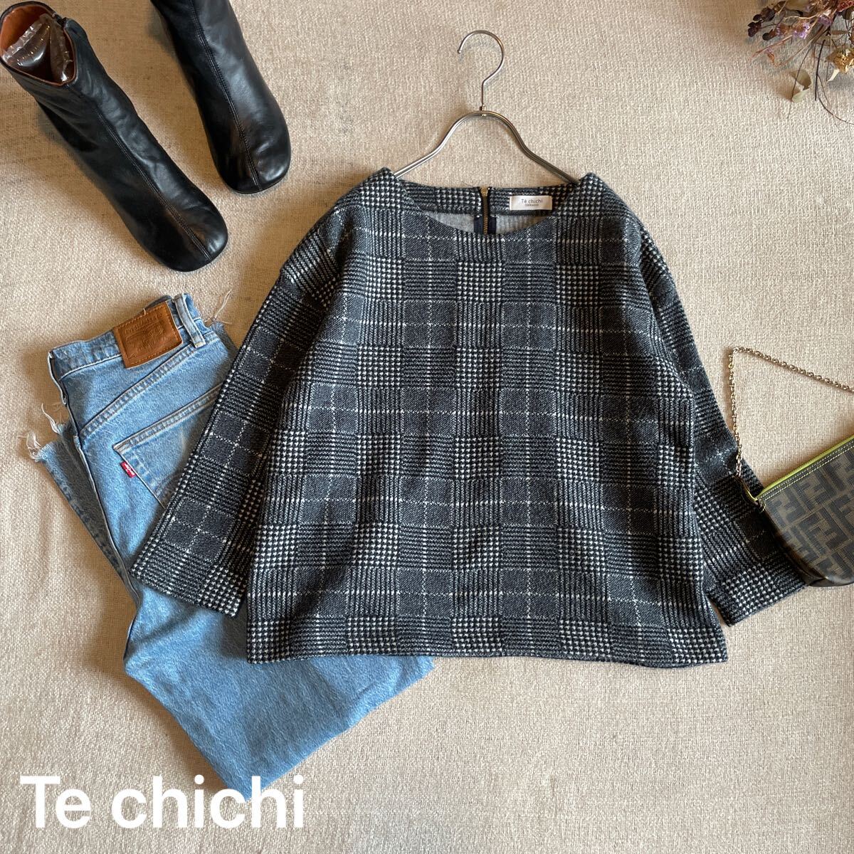 テチチ 七分袖トップス チュニック プルオーバー 黒 ブラック テェック柄 Te chichi 美品 カットソー レディースMサイズ拍卖