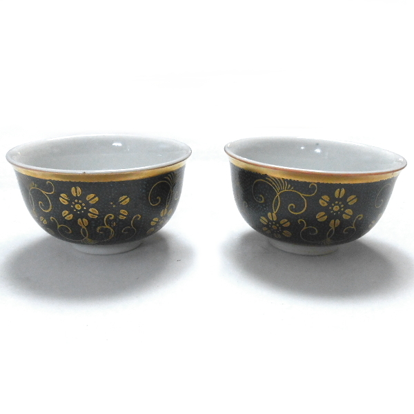 九谷焼★仙守 湯呑 青粒・花唐草文様 2客拍卖