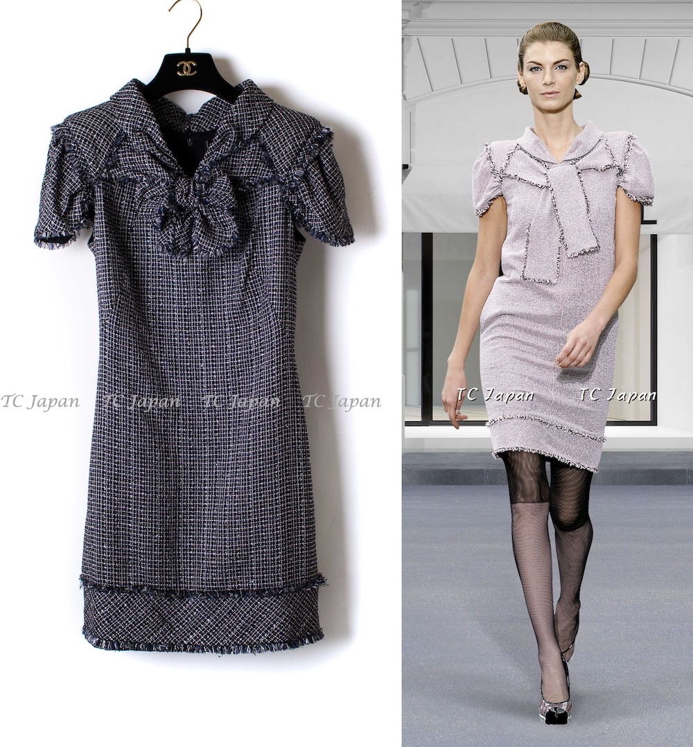 シャネル ワンピース CHANEL ブラック ネイビー パープル リボン ツイード ランウェイ登場 カール・ラガーフェルド作品 超美品 38拍卖